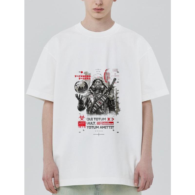 White T Shirt with Astronaut and Weapon Graphic Print and Latin Text for Casual Streetwear Style