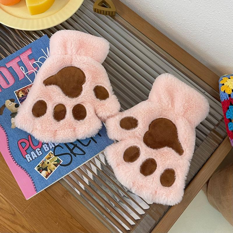 

Women s Winter Cat Paw Fingerless Gloves: Bear Claw Plush, Warm, Cute & Thick Half-Finger Protection. One Size