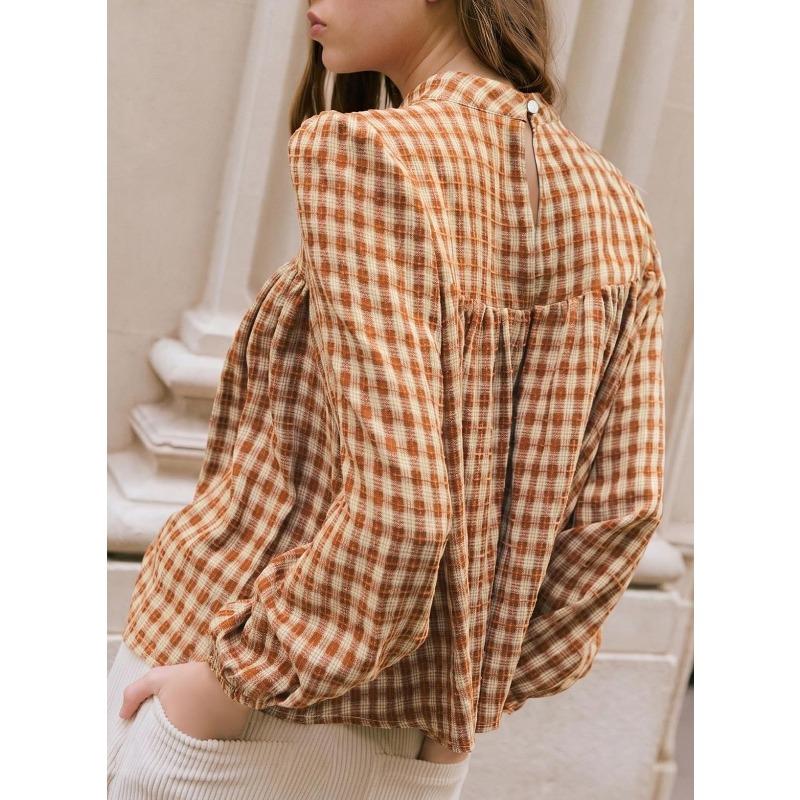 JKASHDK Women's Fashion Casual Spring Autumn Plaid Print Long Sleeve Half Turtleneck Blouses & Shirts