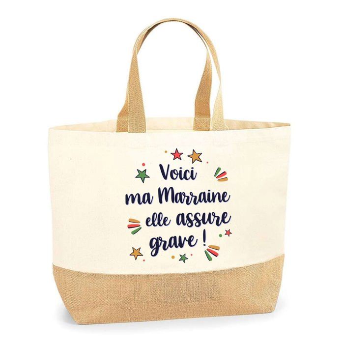 Tote bag jute - PLANETEE - Marraine elle assure grave ! - Jute naturel - Slogan imprimé - Fabriqué en France