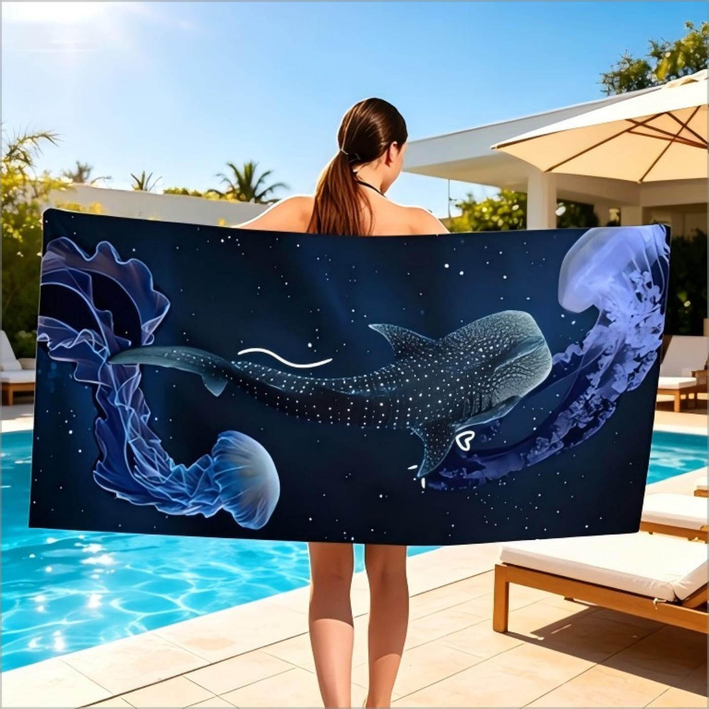 Whale Shark Jellyfish Print Beach Towel Deep Ocean Design Quick Dry Absorbent Microfiber Towel for Ocean Lovers Summer Beach W30*H60(CM)