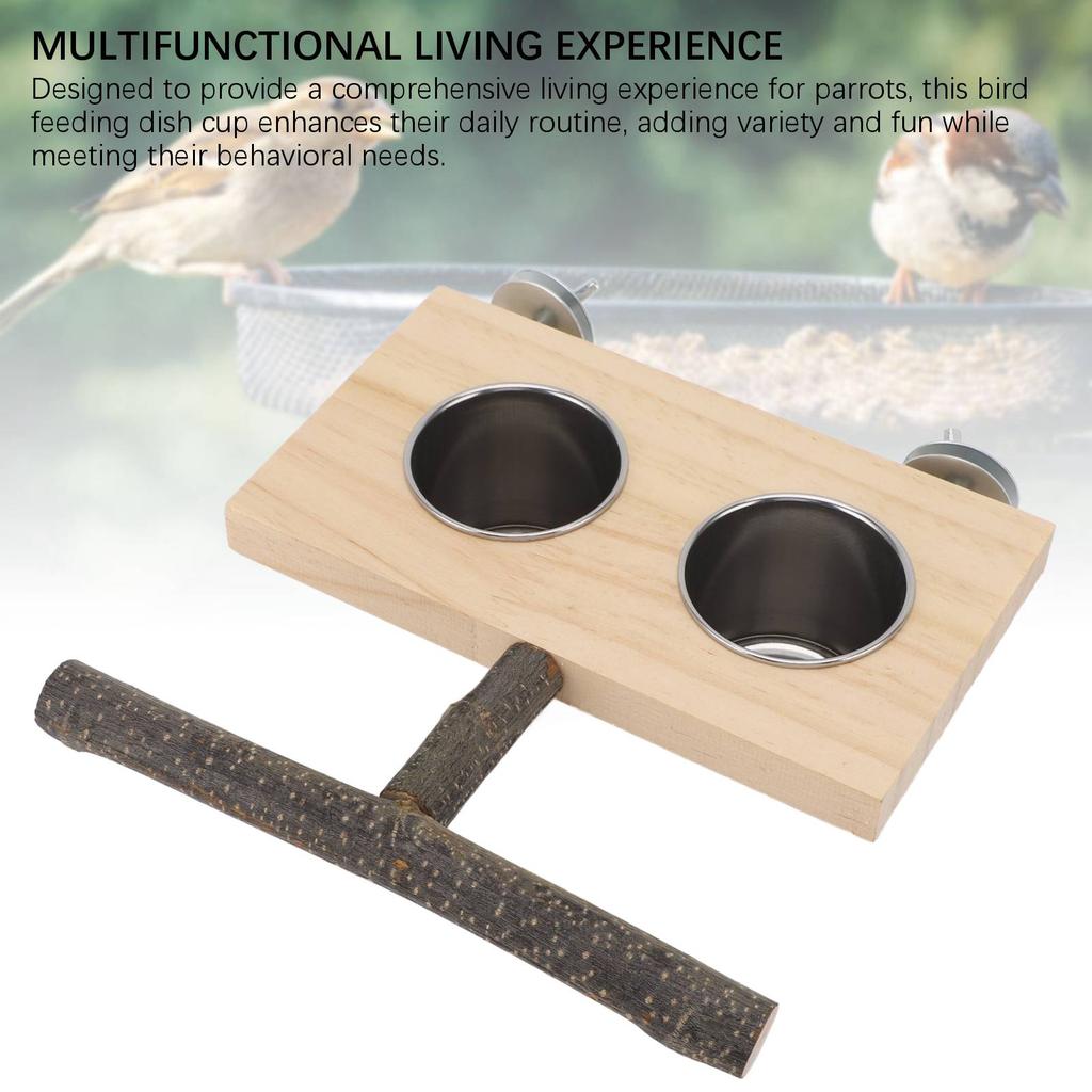 Bird Cage Feeder with Perch Stand Stainless Steel Food Cup Bird Wooden Feeding Bowl for Parakeets Co