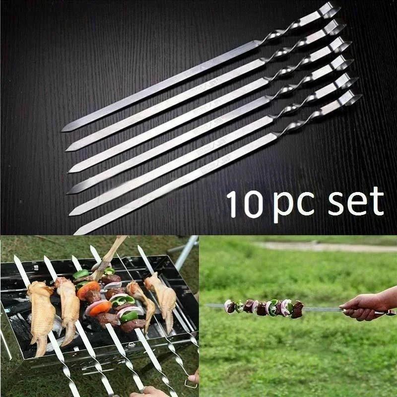 New Practical 10Pcs Stainless Steel BBQ Barbecue Skewer Roast Stick Grilling Kabob Kebab Flat Skewers Needle Wholesale