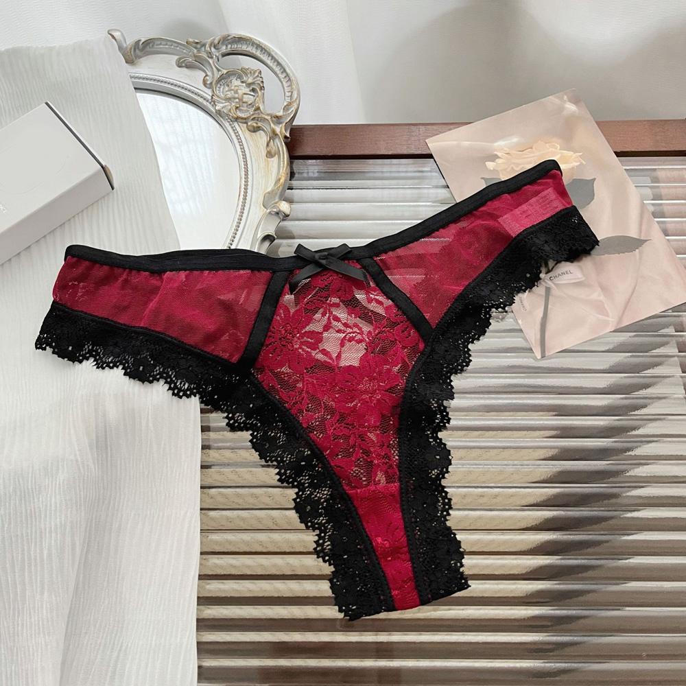 Lace Bow Sexy Thong Transparent Women's Lingerie Low Waist Flower Embroidery Mesh Perspective Hollowed Panties Briefs