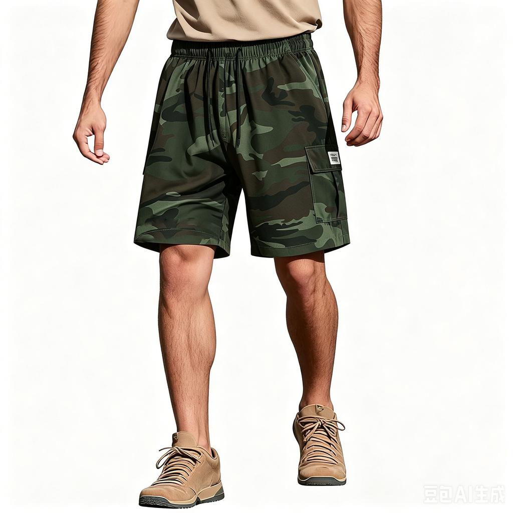 Herren Mehrzweck-Cargo-Shorts für Outdoor-Sport, Freizeit, Tarnmuster, Arbeitsshorts mit elastischem Bund und Kordelzug zum Wandern, Camping