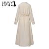 HNXC Women Casual Loose Long Dress Turn-down Collar Long Sleeve