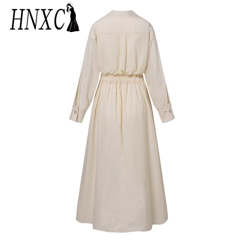 HNXC Women Casual Loose Long Dress Turn-down Collar Long Sleeve