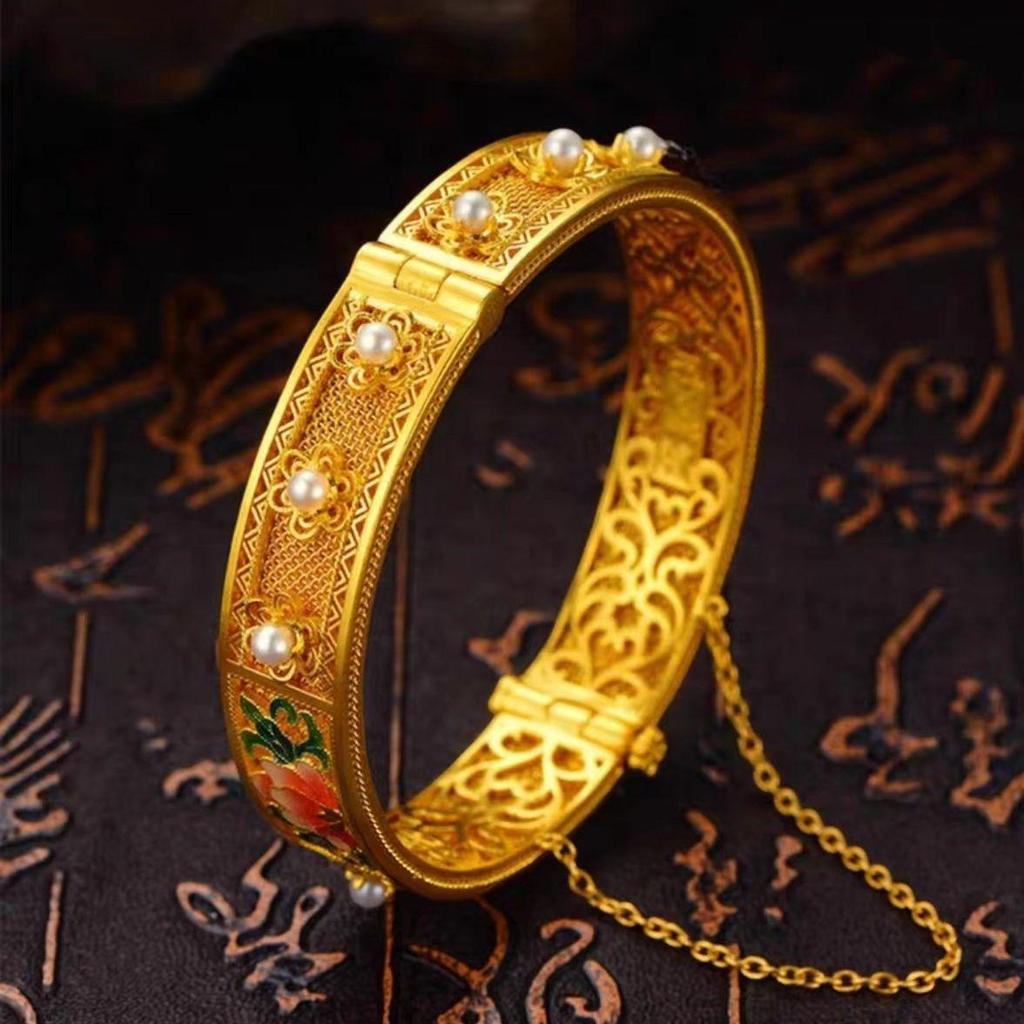 Vietnamese Sand Gold Peony Enamel Bangle: Women's Retro Hollow Flower Bracelet