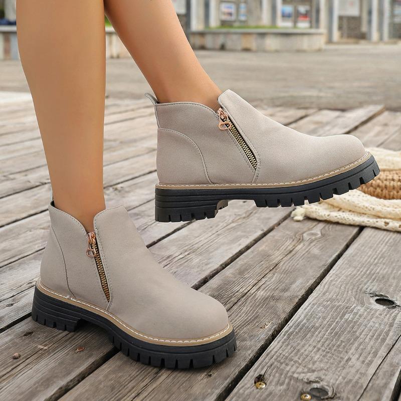 Damen Stiefeletten mit runder Zehenpartie in Überweite, Martin Boots mit Blockabsatz und Reißverschluss an der Seite, Herbst Winter Kurzstiefel für Damen