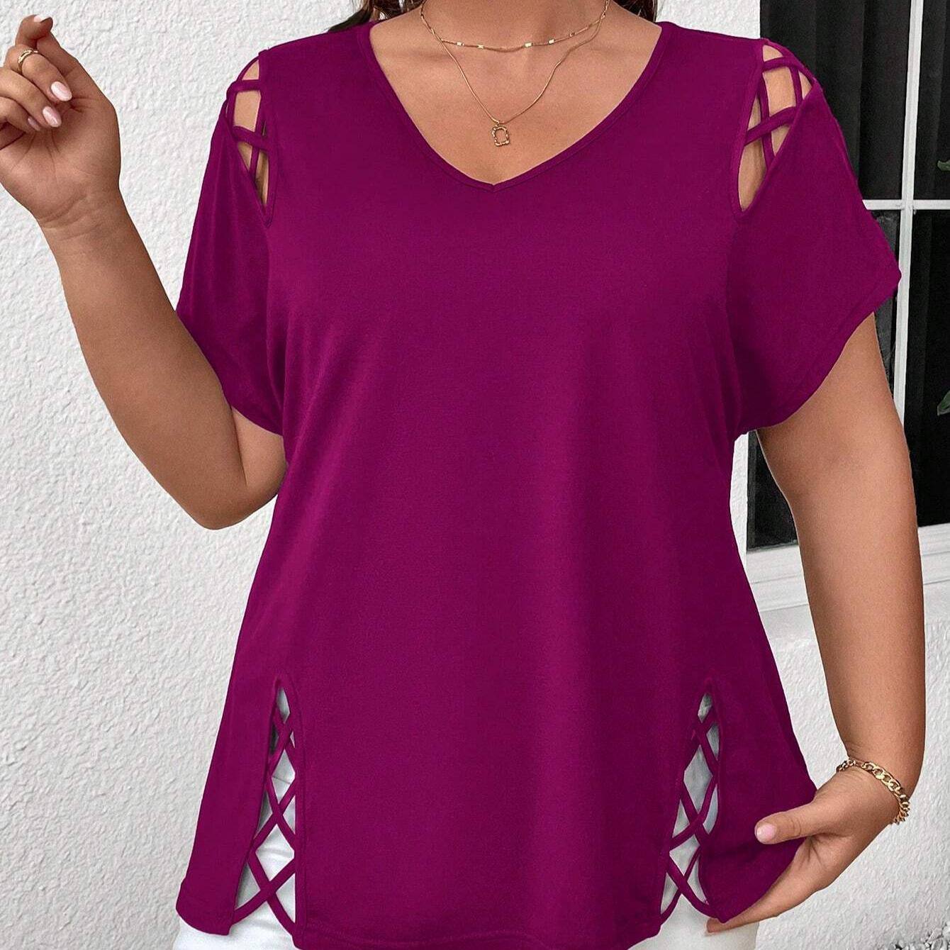 

Женский топ с ажурным дизайном, футболка с коротким рукавом, V-образный вырез, перекрещенные бретели 5XL розовый