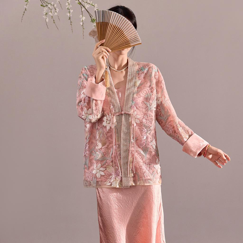 Guofeng New Chinese Mesh Beads Embroidered Velvet Crew Neck Cardigan Women's Early Autumn New Light Luxury Jacket N