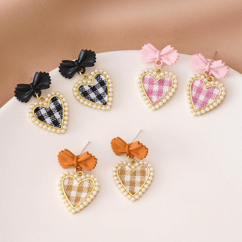 Cute Korean Hanging Love Grid Pearl Heart Earrings for Women Girls Fashion 2024 Bowknot Earrings Trend Party Jewelry