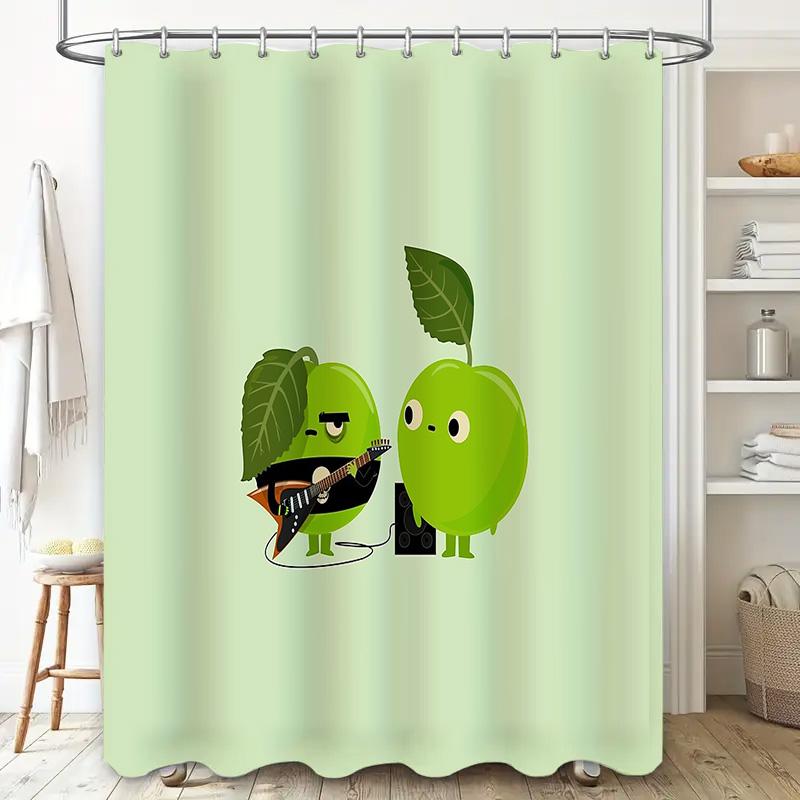Funny Guitar Apple Shower Curtain Cute Fruit Music Lover Bathroom Decor Set Waterproof Washable Artistic Home Decor