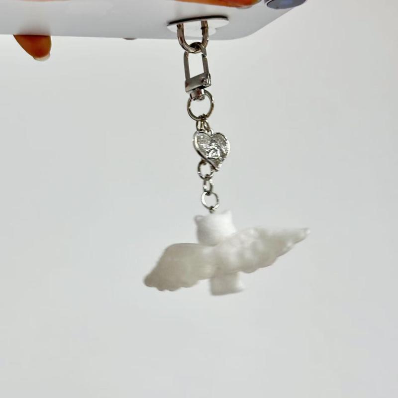 Cute Angel Wings Fuzzy Kitty Cat Heart Keychain Flocked Kitten Kawaii Phone Chain Anti-Lost Lanyard Pendant Bag Decor Gift