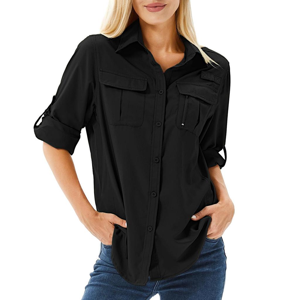 Women's Fashion Quick-drying Stretch Shirt Multi-pocket Breathable UV-resistant Outdoor Thin Long-sleeved Top