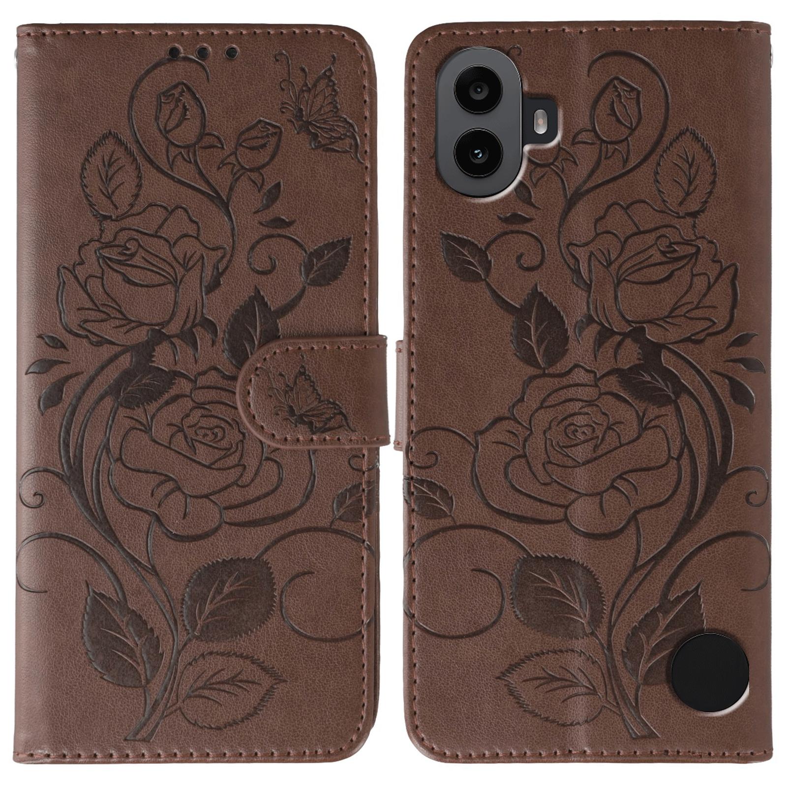 

For Nothing CMF Phone 1 Case Wallet Stand Imprinted Rose Butterfly PU Leather Phone Cover Brown