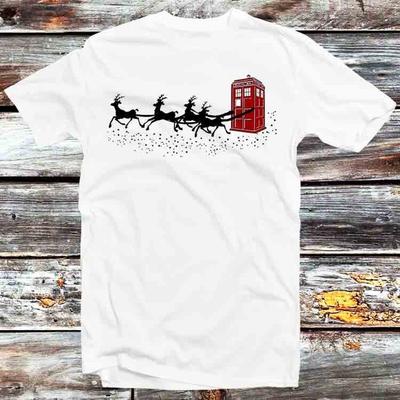 The Doctor Who Christmas Police Phone Box Flying Deer Star T Shirt B1430