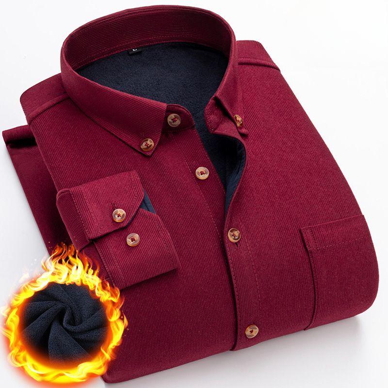 Winter Herren Warmes Hemd Cord Mittleren Alters und Ältere Langärmlig Einfarbig Mode Verdickt Plus Samt Freizeithemd