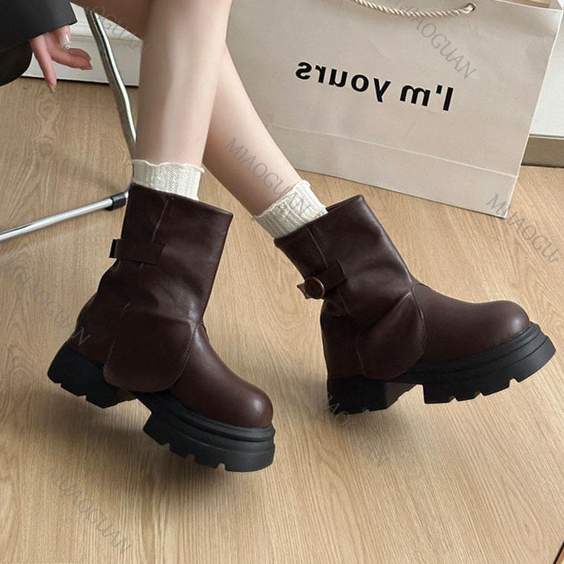 Fashion Retro Thick Bottom Pleated Wrinkled Women Ankle Boots Height Increase Versatile Casual Women Shoes Solid Thick High Heeled Botas