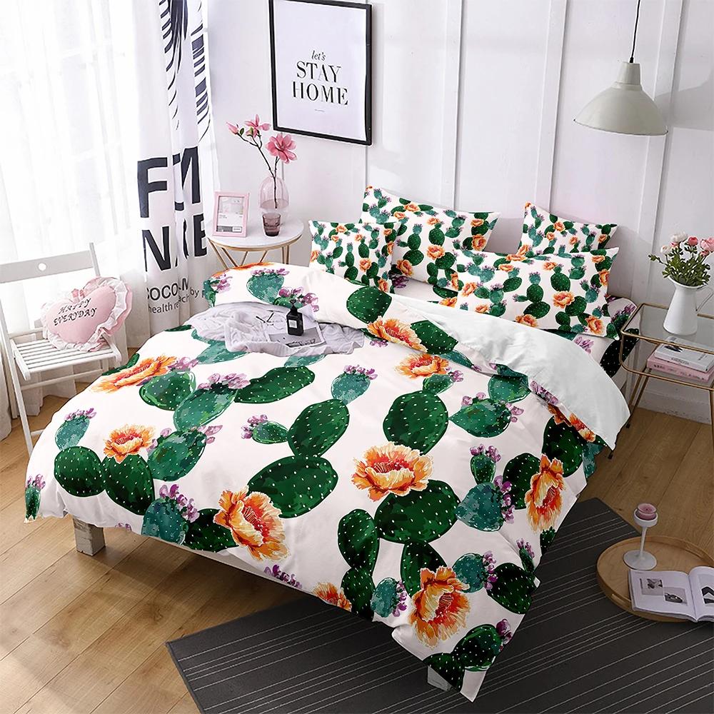 Cartoon Cactus King Queen Duvet Cover Succulent Plants Bedding Set For Adults Green Tropical Desert Plants Polyester Quilt Cover