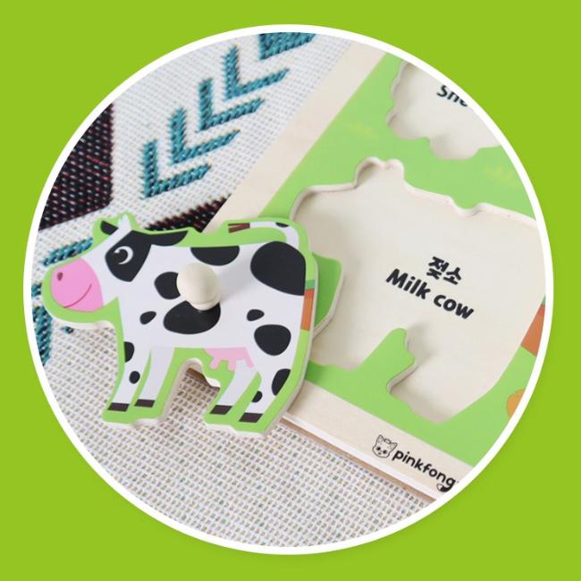 KC-Certified -  Pinkfong Wooden Peg Puzzle – Fruit , Farm Animal (4 Pieces) (3 Options)