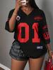 Women's Letter NO.01 Print V-Neck Short Sleeve T-Shirt Summer Graphic Tee Sport Jerseys Plus Size Sport T-Shirt