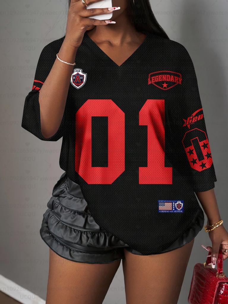Women's Letter NO.01 Print V-Neck Short Sleeve T-Shirt Summer Graphic Tee Sport Jerseys Plus Size Sport T-Shirt