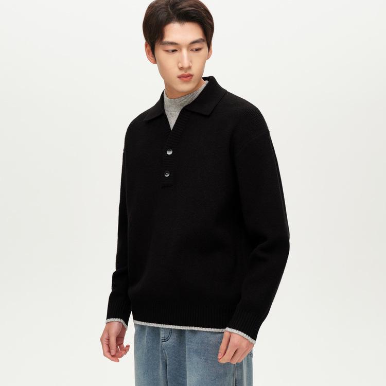 

Men s Wool Blend V-Neck Sweater with POLO Collar - Black Faux Two-Piece Design for Winter 2025 Warmth M чорний