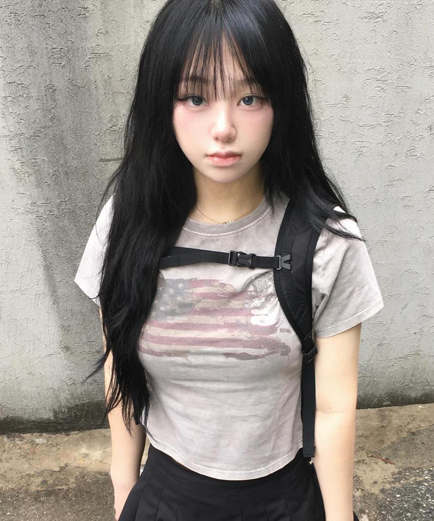 MAHAGRID Washed Flag Crop Tee Black(Mg2Gmft541A)