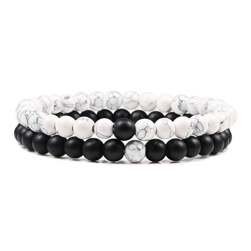 2Pcs Bracelet 6mm Couples Black White Natural Lava Stone Bracelets Tiger Eye Beaded Yoga Bracelets for Men Women Elastic Rope Jewelry Bracelet