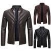Mens Slim Fit Stand Collar PU Leather Jacket Winter Casual Motorcycle Style Coat Black Coffee Burgundy
