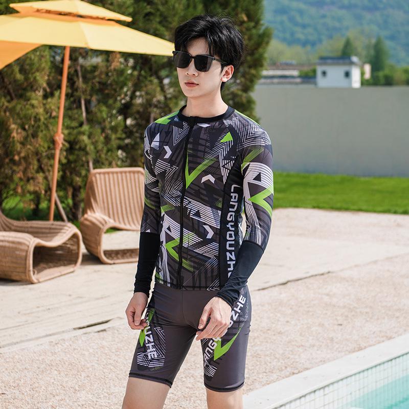 Men's Plus Size Quick-Dry Long Sleeve Swimwear with Split Leg Design