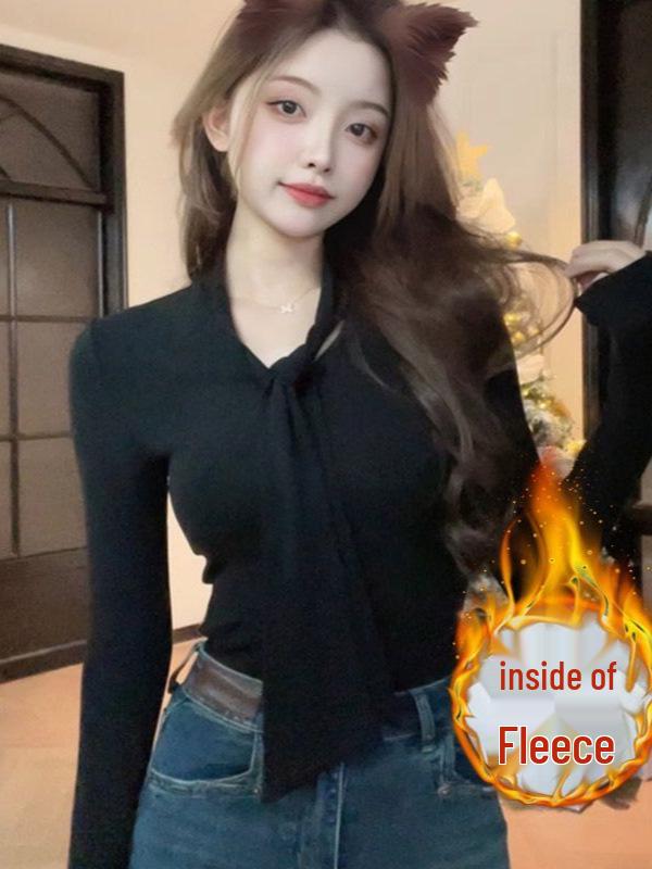 Women's V-Neck Lace-Up Long Sleeve Velvet T-Shirt: Pure Desire Style, Optional Thickness for Autumn/Winter