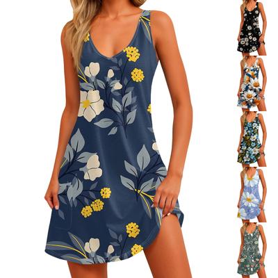 Lässiges Strandkleid für Damen mit V-Ausschnitt und Blumendruck und Taschen