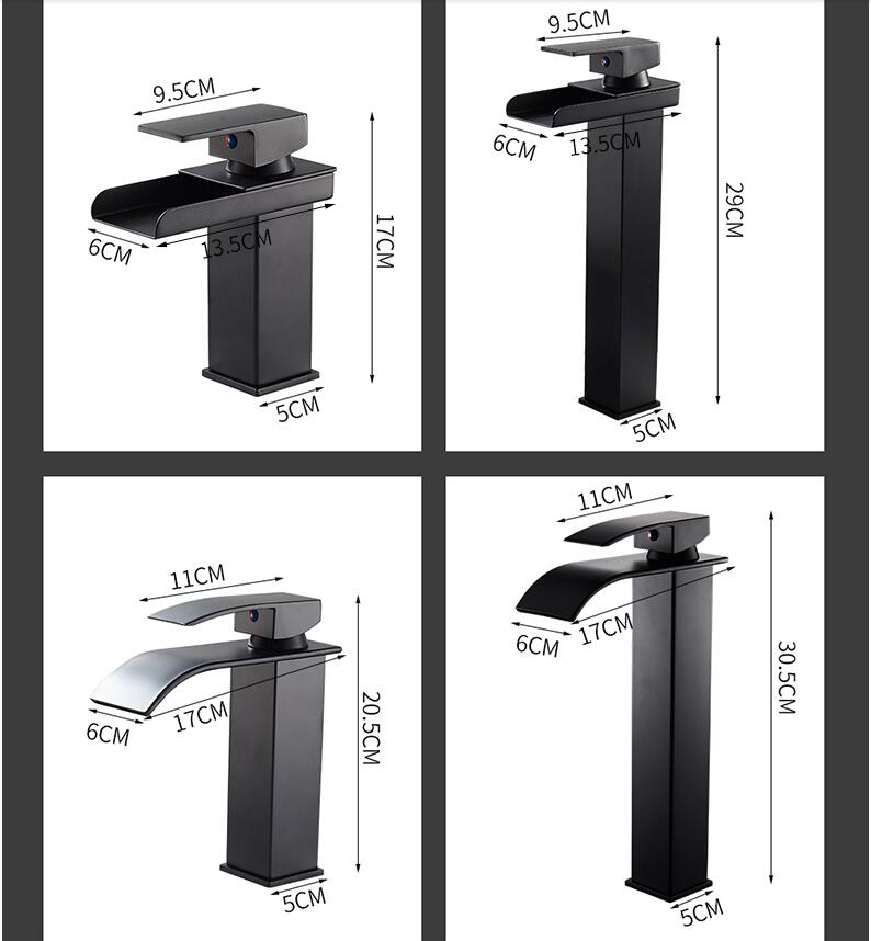 Bathroom Black Lavatory Waterfall Faucet hot and cold Crane Brass Sink Mixer  Waterfall Sink Faucet Single Handle Decked