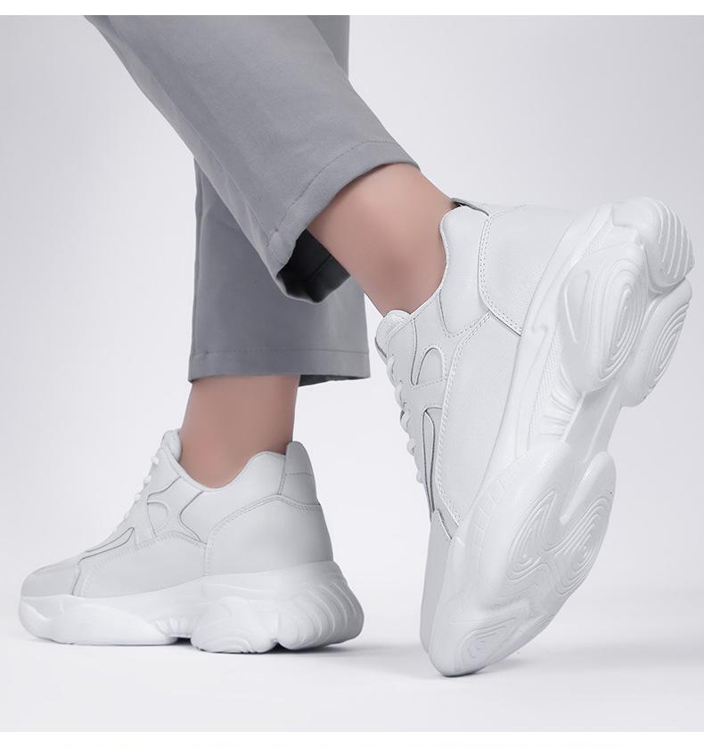 Men's 8CM Height-Increasing Thick Sole Casual Dad Sneakers - Trendy, Versatile White Genuine Cowhide Shoes
