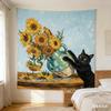 1pc Cute Black Cat Sunflower Tapestry 2D Polyester Wall Art Van Gogh Inspired Print for Bedroom Dorm Aesthetic Decor