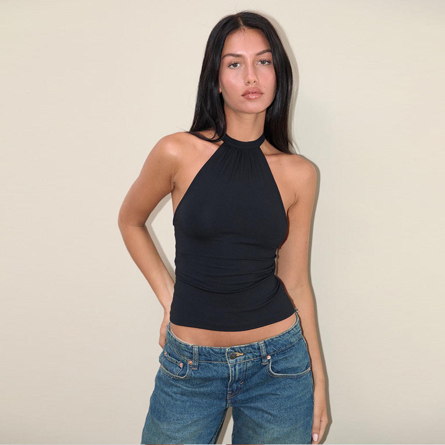 Spring & Autumn Halter Backless Pleated Camisole - Slim Sexy Sleeveless Top for Women Small чёрный