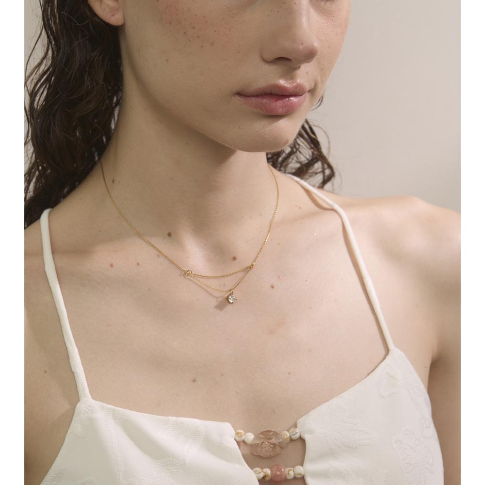 Yhpup Chic Stainless Steel Double-Layer Chain Zirconia Exquisite Pendant Necklace Temperament Fashion Daily Jewelry Waterproof