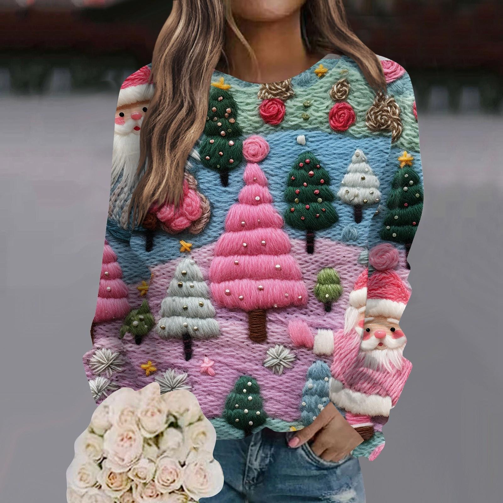 

Женская повседневная мода 3D рождественский принт длинный рукав O-образный вырез пуловер топ M зелёный