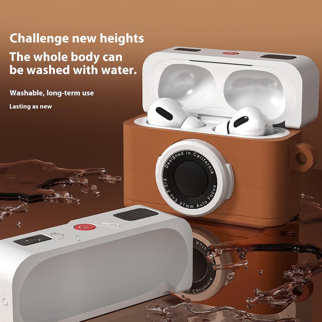 For Apple AirPods Pro 2/AirPods Pro Case Retro Camera Design Liquid Silicone Earbuds Carrying Cover with Carabiner