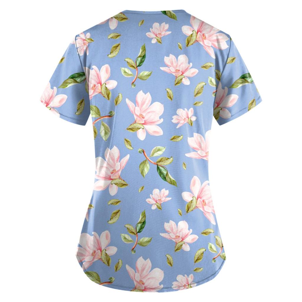 Women Fashion Spring And Summer Oil Painting Print V-neck Short Sleeve Workwear With Pockets Tops