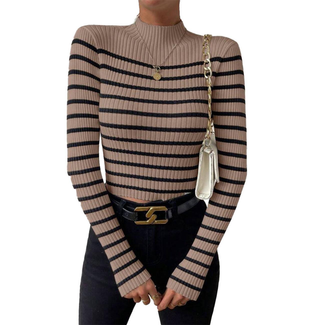 

Узкий свитер с воротником-стойкой в полоску, стильный свитер с длинными рукавами и резинкой для осени и зимы, женская одежда L верблюд