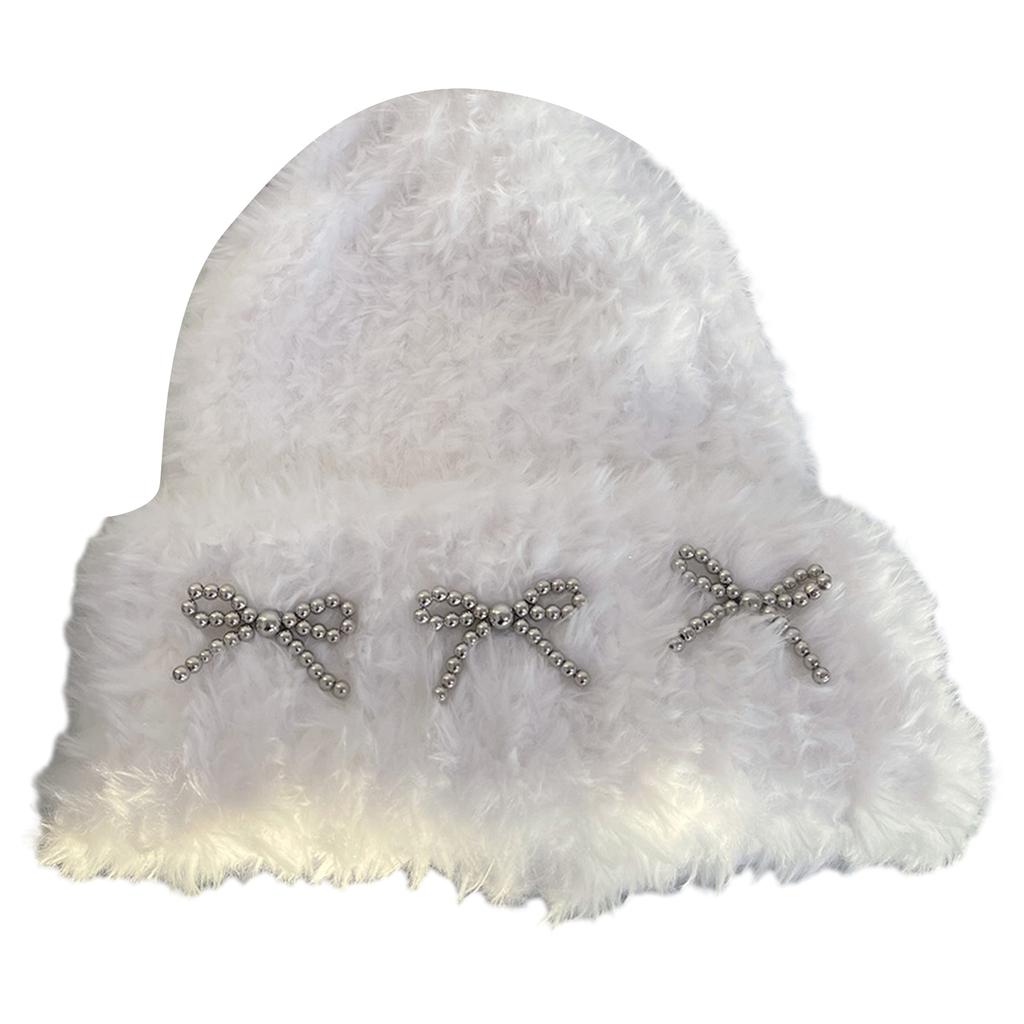 Girls Slouchy Beanie with Metal Bowknot Decals Winter Student Outdoor Cycling Skiing Climbing Hat Cold Weather Hat
