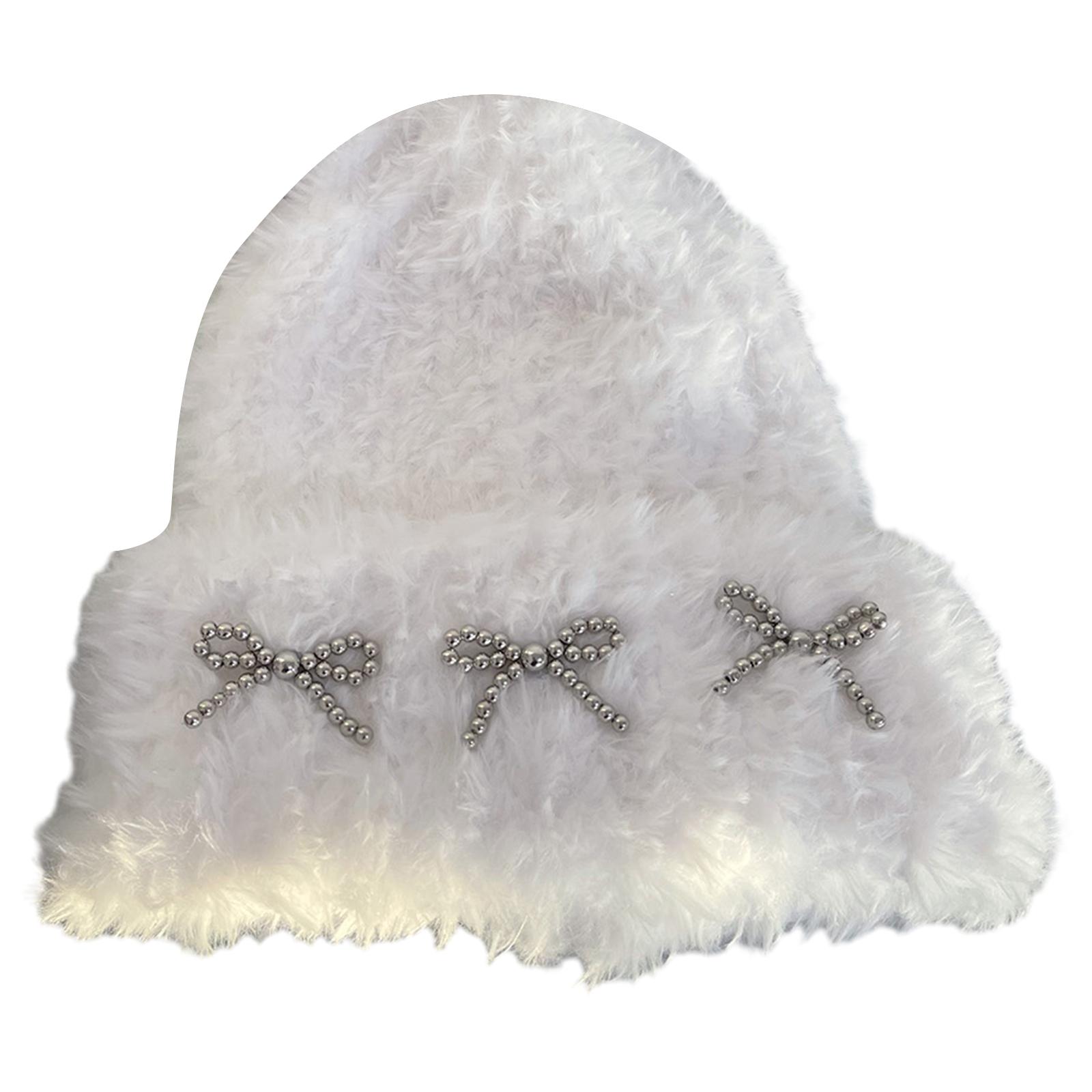 

Женская шапка-бини с металлическими бантиками, зимняя студенческая шапка для улицы, для велоспорта, катания на лыжах, альпинизма, шапка для холодной погоды белый