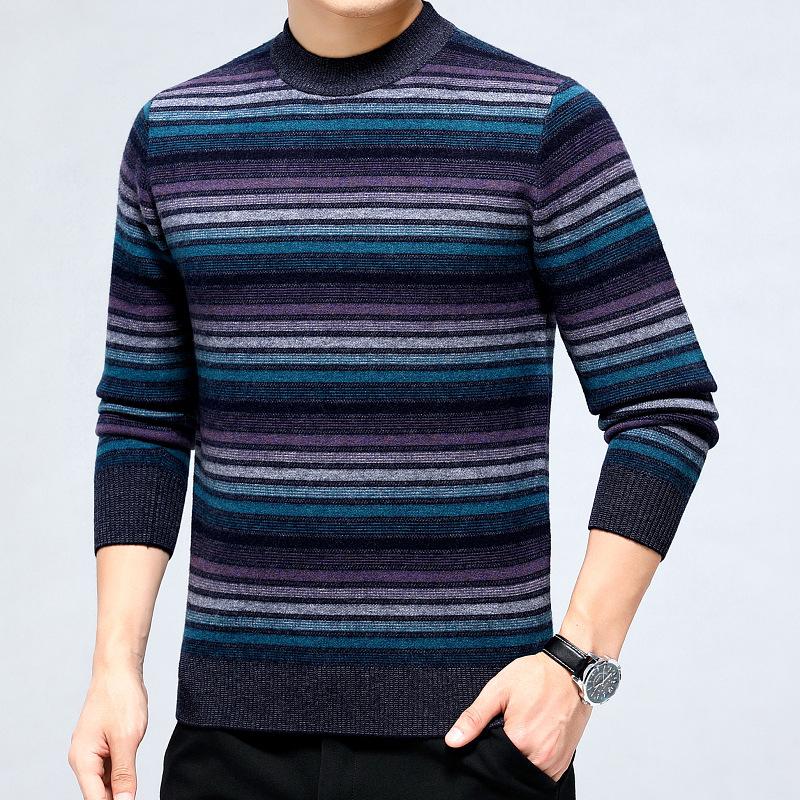 Men's Winter Thick Cashmere Sweater - Round Neck Business Casual Striped Merino Wool Knitwear.