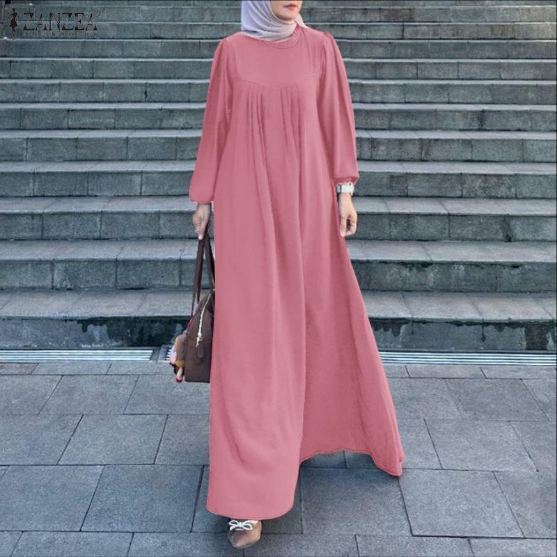 ZANZEA Women Round Neck Loose Long Sleeve Muslim Casual Long Dress