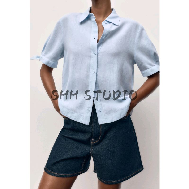 Summer New Product Women's Clothes Casual Style Lapel Ramie Blended Short Sleeve Bows Shirt Tops 8206730