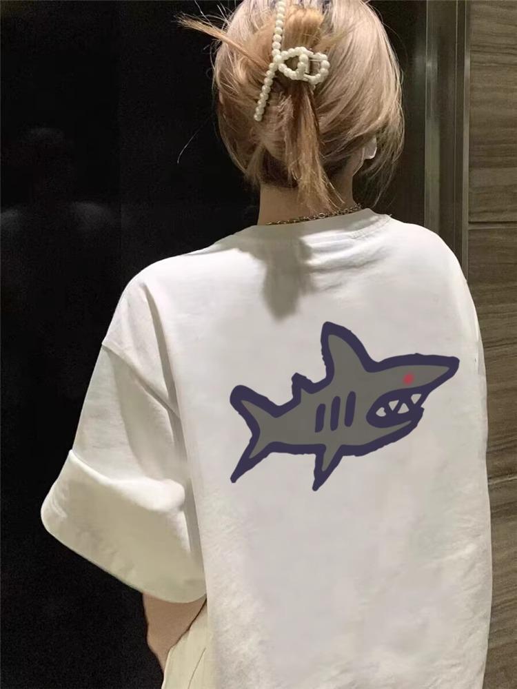 Women's Summer Shark Print Loose Fit Pure Cotton Half Sleeve T-shirt