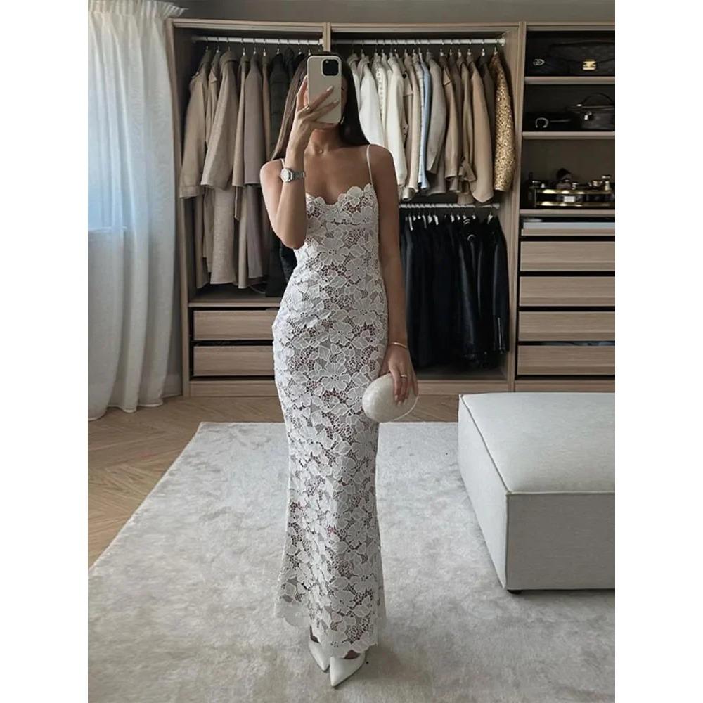 Elegante vestido largo de encaje de malla transparente blanco para mujer, vestido sexy sin mangas con estampado floral, vestido ajustado con aberturas para fiesta y club